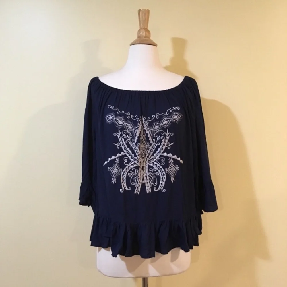 💥 CLEARANCE Embroidered Ruffled Hem and Cuffs Off Shoulder Top - Picture 6 of 7